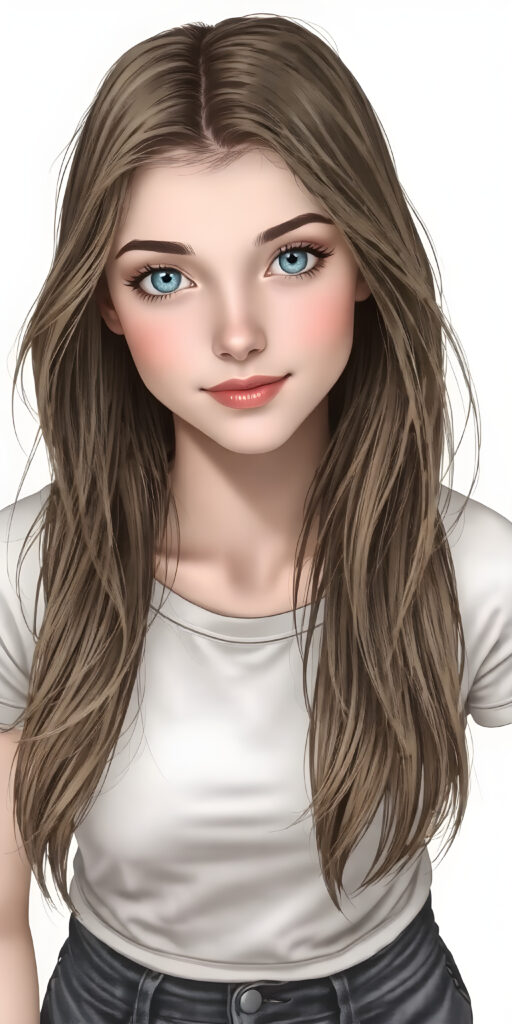 A (((fantastically (((full body portrait))) of a (((cute, realistic teen girl))) with a ((detailed long brown-gold full hair, big bright ((light blue eyes)), and a gentle smile)), dressed in a ((thin form-fitting short t-shirt that accentuates her toned form, and perfectly complements her ((skin tight jeans)), which draw attention to her slender thighs. She exudes an air of ((confident grace)), as if she's a ((professional model)) posing for a high-resolution image that captures her essence of beauty. She stands out not only for her striking appearance but also for her warm, inviting demeanor. Her flawless skin is evident, with a ((clear complexion)) that adds to her overall allure. The image is a masterpiece and a testament to the quality of work that can be found on ArtStation, where she exudes a sense of confidence and grace