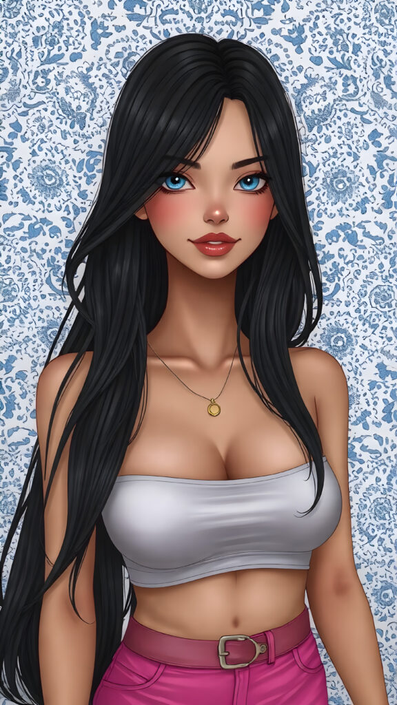 A (((fantastically super cute and well busty girl))) with long, flowing black hair that frames her face perfectly, sporting (((brightly colored, tight fitting 'hot pants' and a sleek, cropped top in a (((white and blue theme))), accessorizing with sleek, luxe details like intricate doilies and a (((highly detailed, vibrant backdrop) featuring a blend of (abstract white and blue patterns) that evoke a sense of extreme detail and luxurious opulence