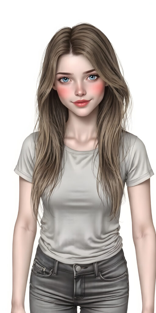 A (((fantastically (((full body portrait))) of a (((cute, realistic teen girl))) with a ((detailed long brown-gold full hair, big bright ((light blue eyes)), and a gentle smile)), dressed in a ((thin form-fitting short t-shirt that accentuates her toned form, and perfectly complements her ((skin tight jeans)), which draw attention to her slender thighs. She exudes an air of ((confident grace)), as if she's a ((professional model)) posing for a high-resolution image that captures her essence of beauty. She stands out not only for her striking appearance but also for her warm, inviting demeanor. Her flawless skin is evident, with a ((clear complexion)) that adds to her overall allure. The image is a masterpiece and a testament to the quality of work that can be found on ArtStation, where she exudes a sense of confidence and grace