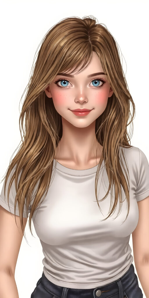 A (((fantastically (((full body portrait))) of a (((cute, realistic teen girl))) with a ((detailed long brown-gold full hair, big bright ((light blue eyes)), and a gentle smile)), dressed in a ((thin form-fitting short t-shirt that accentuates her toned form, and perfectly complements her ((skin tight jeans)), which draw attention to her slender thighs. She exudes an air of ((confident grace)), as if she's a ((professional model)) posing for a high-resolution image that captures her essence of beauty. She stands out not only for her striking appearance but also for her warm, inviting demeanor. Her flawless skin is evident, with a ((clear complexion)) that adds to her overall allure. The image is a masterpiece and a testament to the quality of work that can be found on ArtStation, where she exudes a sense of confidence and grace