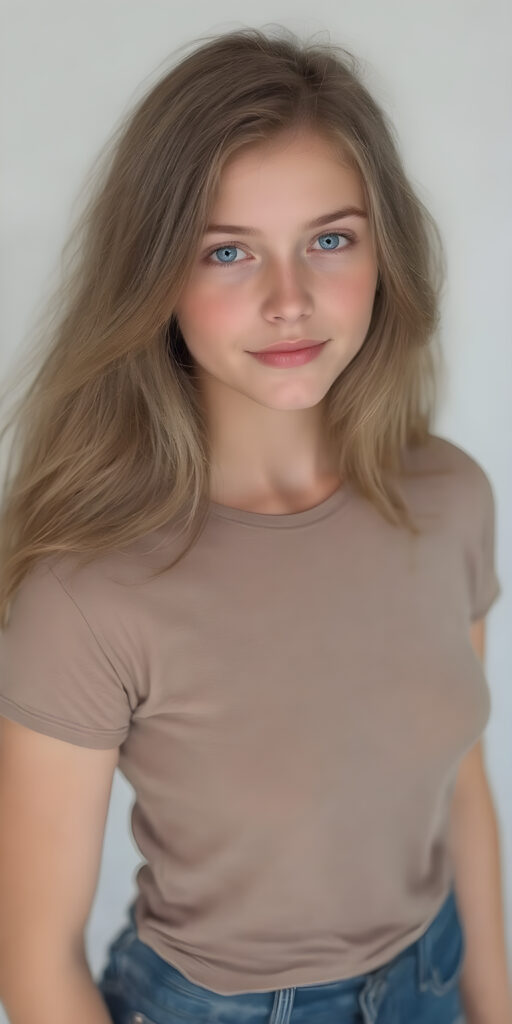 A (((fantastically (((full body portrait))) of a (((cute, realistic teen girl))) with a ((detailed long brown-gold full hair, big bright ((light blue eyes)), and a gentle smile)), dressed in a ((thin form-fitting short t-shirt that accentuates her toned form, and perfectly complements her ((skin tight jeans)), which draw attention to her slender thighs. She exudes an air of ((confident grace)), as if she's a ((professional model)) posing for a high-resolution image that captures her essence of beauty. She stands out not only for her striking appearance but also for her warm, inviting demeanor. Her flawless skin is evident, with a ((clear complexion)) that adds to her overall allure. The image is a masterpiece and a testament to the quality of work that can be found on ArtStation, where she exudes a sense of confidence and grace