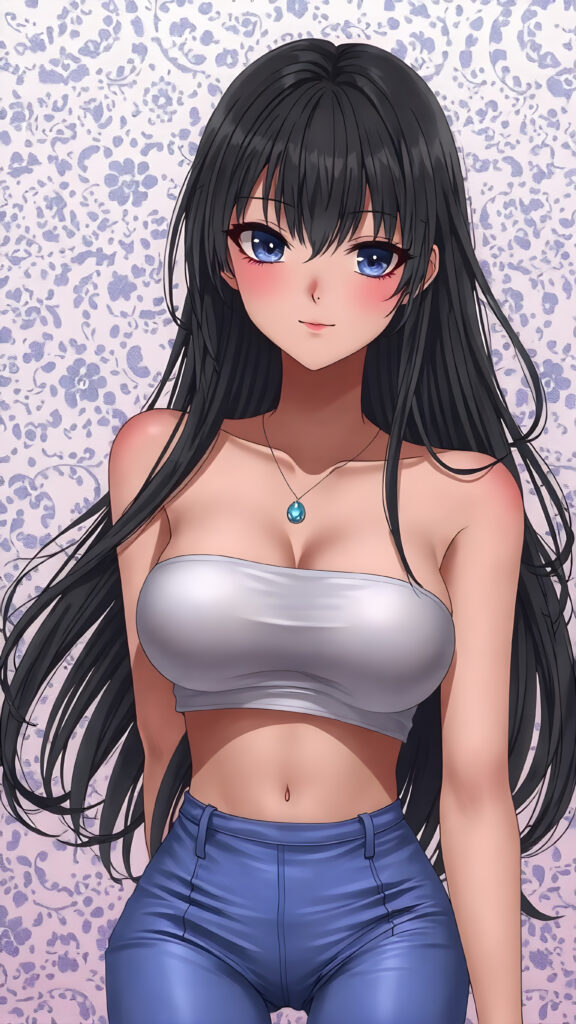 A (((fantastically super cute and well busty girl))) with long, flowing black hair that frames her face perfectly, sporting (((brightly colored, tight fitting 'hot pants' and a sleek, cropped top in a (((white and blue theme))), accessorizing with sleek, luxe details like intricate doilies and a (((highly detailed, vibrant backdrop) featuring a blend of (abstract white and blue patterns) that evoke a sense of extreme detail and luxurious opulence