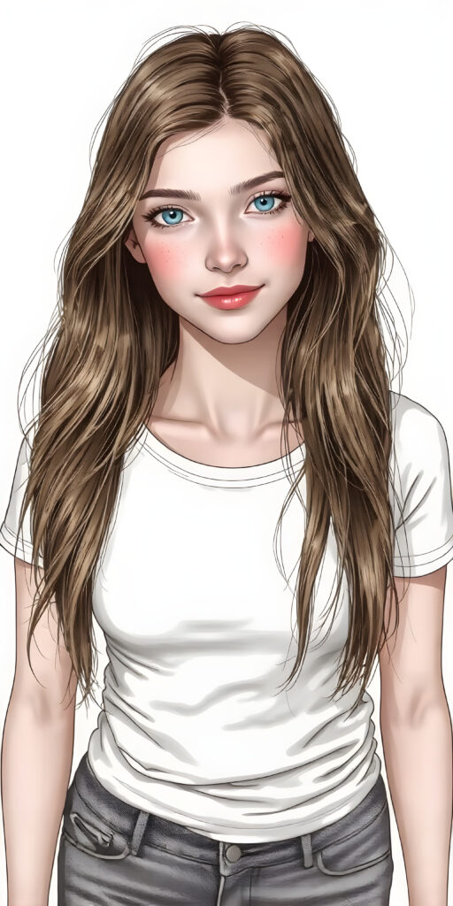 A (((fantastically (((full body portrait))) of a (((cute, realistic teen girl))) with a ((detailed long brown-gold full hair, big bright ((light blue eyes)), and a gentle smile)), dressed in a ((thin form-fitting short t-shirt that accentuates her toned form, and perfectly complements her ((skin tight jeans)), which draw attention to her slender thighs. She exudes an air of ((confident grace)), as if she's a ((professional model)) posing for a high-resolution image that captures her essence of beauty. She stands out not only for her striking appearance but also for her warm, inviting demeanor. Her flawless skin is evident, with a ((clear complexion)) that adds to her overall allure. The image is a masterpiece and a testament to the quality of work that can be found on ArtStation, where she exudes a sense of confidence and grace