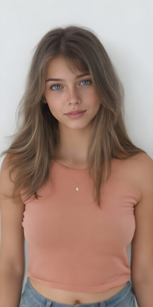 A (((fantastically (((full body portrait))) of a (((cute, realistic teen girl))) with a ((detailed long brown-gold full hair, big bright ((light blue eyes)), and a gentle smile)), dressed in a ((thin form-fitting short t-shirt that accentuates her toned form, and perfectly complements her ((skin tight jeans)), which draw attention to her slender thighs. She exudes an air of ((confident grace)), as if she's a ((professional model)) posing for a high-resolution image that captures her essence of beauty. She stands out not only for her striking appearance but also for her warm, inviting demeanor. Her flawless skin is evident, with a ((clear complexion)) that adds to her overall allure. The image is a masterpiece and a testament to the quality of work that can be found on ArtStation, where she exudes a sense of confidence and grace