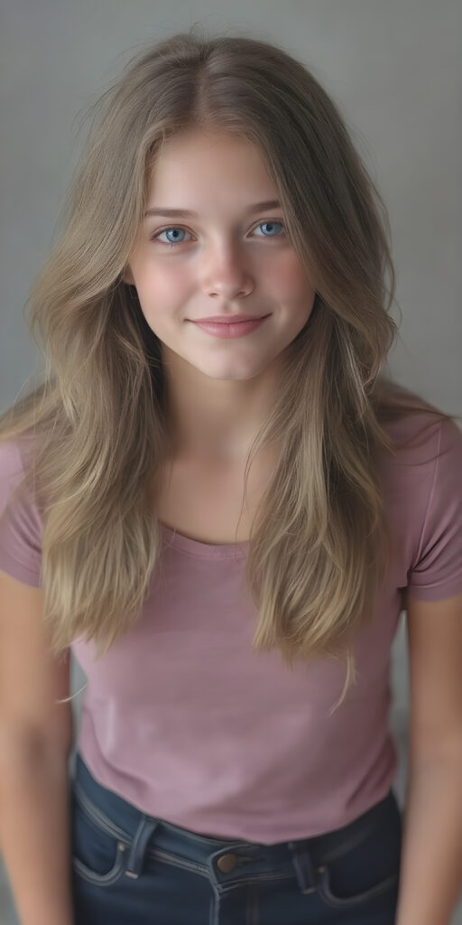 A (((fantastically (((full body portrait))) of a (((cute, realistic teen girl))) with a ((detailed long brown-gold full hair, big bright ((light blue eyes)), and a gentle smile)), dressed in a ((thin form-fitting short t-shirt that accentuates her toned form, and perfectly complements her ((skin tight jeans)), which draw attention to her slender thighs. She exudes an air of ((confident grace)), as if she's a ((professional model)) posing for a high-resolution image that captures her essence of beauty. She stands out not only for her striking appearance but also for her warm, inviting demeanor. Her flawless skin is evident, with a ((clear complexion)) that adds to her overall allure. The image is a masterpiece and a testament to the quality of work that can be found on ArtStation, where she exudes a sense of confidence and grace