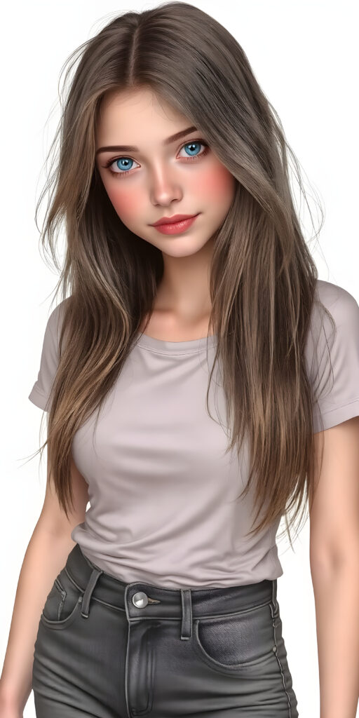 A (((fantastically (((full body portrait))) of a (((cute, realistic teen girl))) with a ((detailed long brown-gold full hair, big bright ((light blue eyes)), and a gentle smile)), dressed in a ((thin form-fitting short t-shirt that accentuates her toned form, and perfectly complements her ((skin tight jeans)), which draw attention to her slender thighs. She exudes an air of ((confident grace)), as if she's a ((professional model)) posing for a high-resolution image that captures her essence of beauty. She stands out not only for her striking appearance but also for her warm, inviting demeanor. Her flawless skin is evident, with a ((clear complexion)) that adds to her overall allure. The image is a masterpiece and a testament to the quality of work that can be found on ArtStation, where she exudes a sense of confidence and grace