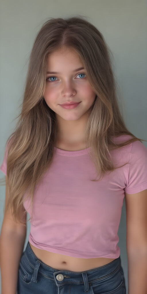 A (((fantastically (((full body portrait))) of a (((cute, realistic teen girl))) with a ((detailed long brown-gold full hair, big bright ((light blue eyes)), and a gentle smile)), dressed in a ((thin form-fitting short t-shirt that accentuates her toned form, and perfectly complements her ((skin tight jeans)), which draw attention to her slender thighs. She exudes an air of ((confident grace)), as if she's a ((professional model)) posing for a high-resolution image that captures her essence of beauty. She stands out not only for her striking appearance but also for her warm, inviting demeanor. Her flawless skin is evident, with a ((clear complexion)) that adds to her overall allure. The image is a masterpiece and a testament to the quality of work that can be found on ArtStation, where she exudes a sense of confidence and grace