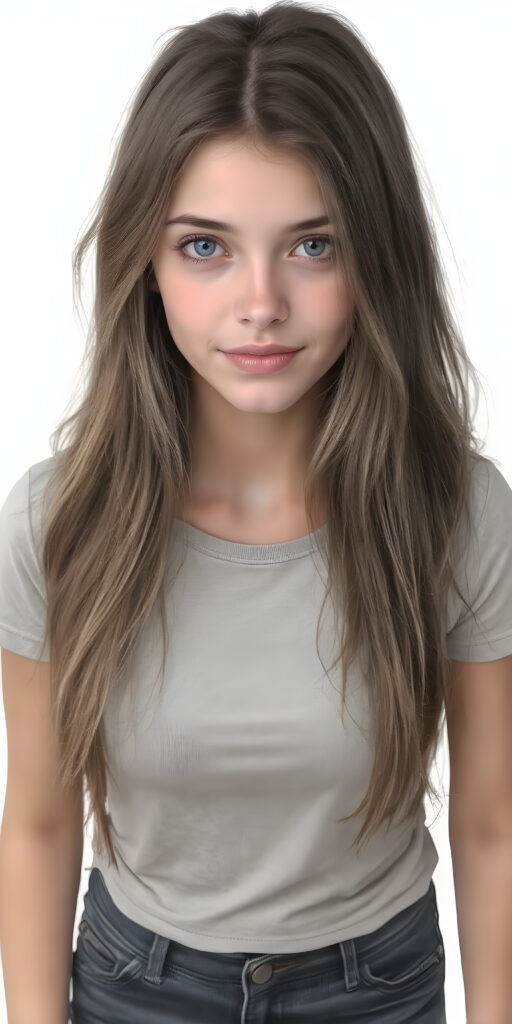 A (((fantastically (((full body portrait))) of a (((cute, realistic teen girl))) with a ((detailed long brown-gold full hair, big bright ((light blue eyes)), and a gentle smile)), dressed in a ((thin form-fitting short t-shirt that accentuates her toned form, and perfectly complements her ((skin tight jeans)), which draw attention to her slender thighs. She exudes an air of ((confident grace)), as if she's a ((professional model)) posing for a high-resolution image that captures her essence of beauty. She stands out not only for her striking appearance but also for her warm, inviting demeanor. Her flawless skin is evident, with a ((clear complexion)) that adds to her overall allure. The image is a masterpiece and a testament to the quality of work that can be found on ArtStation, where she exudes a sense of confidence and grace