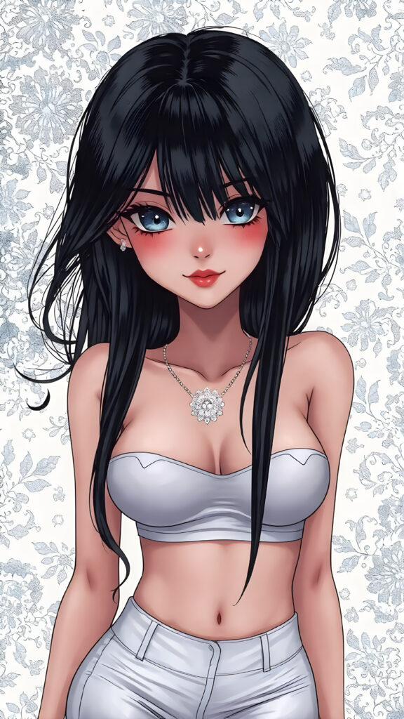 A (((fantastically drawn super cute and sultry well busty girl))) with long, flowing black hair that frames her face perfectly, sporting (((brightly colored, tight fitting 'hot pants' and a sleek, cropped top in a (((white and blue theme))), accessorizing with sleek, luxe details like intricate doilies and a (((highly detailed, vibrant backdrop) featuring a blend of (abstract white and blue patterns) that evoke a sense of extreme detail and luxurious opulence