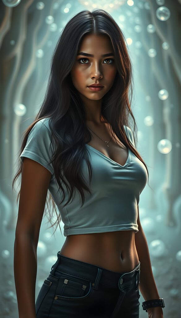 A fantastical portrait of a young, strong, and mystical girl with long, silky, obsidian-black hair that cascades in soft waves, complemented by her chestnut-brown skin and striking brown eyes. She wears a fitted, cropped t-shirt with a deep V-neckline accentuating her figure. The background is a ethereal, glowing white sanctuary adorned with shimmering crystals and floating orbs, casting a radiant, magical light. She stands confidently, with a subtle, determined expression, her stance exuding both strength and grace, surrounded by an aura of enchantment and wonder.