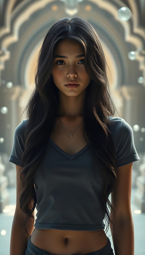 A fantastical portrait of a young, strong, and mystical girl with long, silky, obsidian-black hair that cascades in soft waves, complemented by her chestnut-brown skin and striking brown eyes. She wears a fitted, cropped t-shirt with a deep V-neckline accentuating her figure. The background is a ethereal, glowing white sanctuary adorned with shimmering crystals and floating orbs, casting a radiant, magical light. She stands confidently, with a subtle, determined expression, her stance exuding both strength and grace, surrounded by an aura of enchantment and wonder.