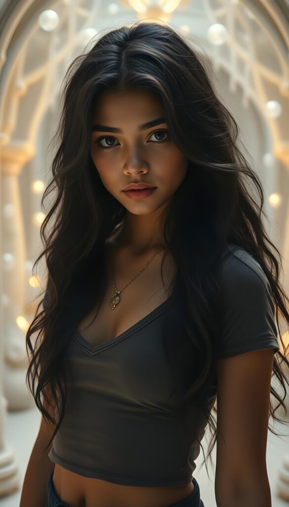 A fantastical portrait of a young, strong, and mystical girl with long, silky, obsidian-black hair that cascades in soft waves, complemented by her chestnut-brown skin and striking brown eyes. She wears a fitted, cropped t-shirt with a deep V-neckline accentuating her figure. The background is a ethereal, glowing white sanctuary adorned with shimmering crystals and floating orbs, casting a radiant, magical light. She stands confidently, with a subtle, determined expression, her stance exuding both strength and grace, surrounded by an aura of enchantment and wonder.