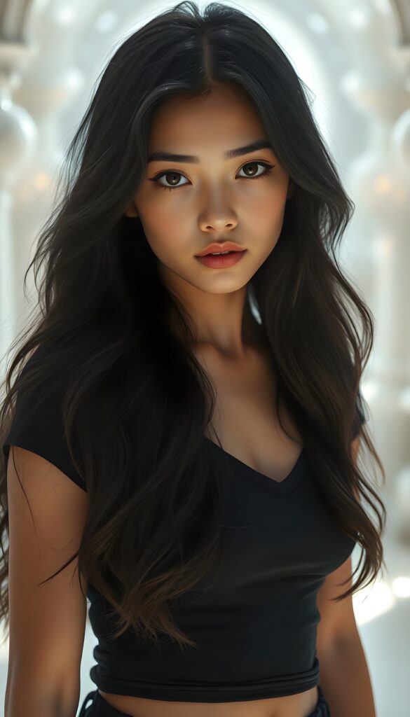 A fantastical portrait of a young, strong, and mystical girl with long, silky, obsidian-black hair that cascades in soft waves, complemented by her chestnut-brown skin and striking brown eyes. She wears a fitted, cropped t-shirt with a deep V-neckline accentuating her figure. The background is a ethereal, glowing white sanctuary adorned with shimmering crystals and floating orbs, casting a radiant, magical light. She stands confidently, with a subtle, determined expression, her stance exuding both strength and grace, surrounded by an aura of enchantment and wonder.