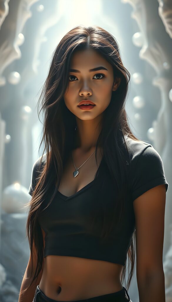 A fantastical portrait of a young, strong, and mystical girl with long, silky, obsidian-black hair that cascades in soft waves, complemented by her chestnut-brown skin and striking brown eyes. She wears a fitted, cropped t-shirt with a deep V-neckline accentuating her figure. The background is a ethereal, glowing white sanctuary adorned with shimmering crystals and floating orbs, casting a radiant, magical light. She stands confidently, with a subtle, determined expression, her stance exuding both strength and grace, surrounded by an aura of enchantment and wonder.