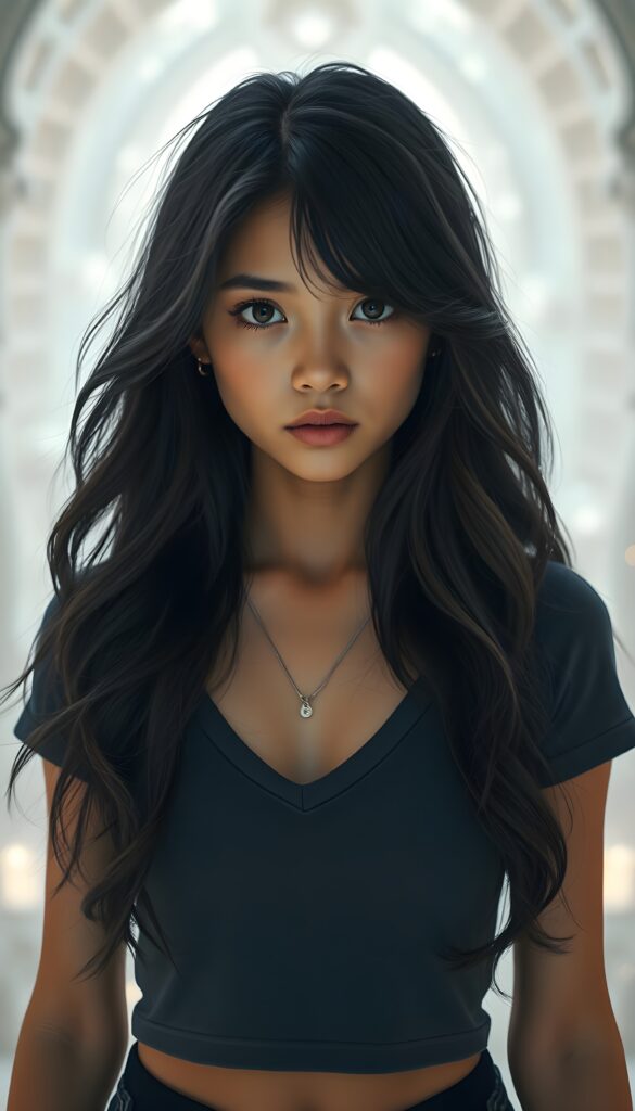 A fantastical portrait of a young, strong, and mystical girl with long, silky, obsidian-black hair that cascades in soft waves, complemented by her chestnut-brown skin and striking brown eyes. She wears a fitted, cropped t-shirt with a deep V-neckline accentuating her figure. The background is a ethereal, glowing white sanctuary adorned with shimmering crystals and floating orbs, casting a radiant, magical light. She stands confidently, with a subtle, determined expression, her stance exuding both strength and grace, surrounded by an aura of enchantment and wonder.