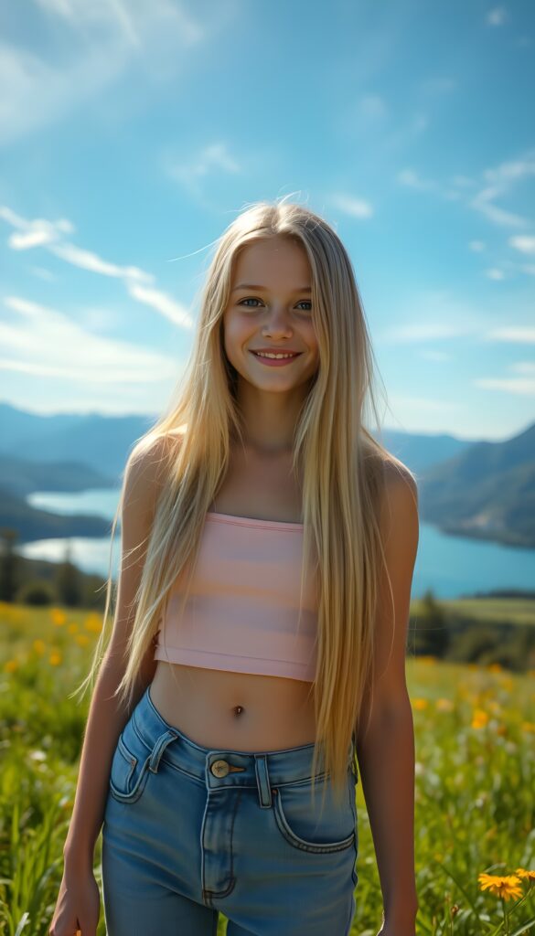 A fantastical young girl with long, sun-kissed blonde hair stands in a vibrant, lush green meadow. The sky is a brilliant blue with wispy clouds, and rays of golden sunlight dapple the landscape. She wears a short, light pink cropped tank top and blue denim jeans pants. Her hair is straight and falls down like a waterfall as she smiles radiantly. In the background, a deep blue lake sparkles under the sun, with a majestic mountain range in the distance. The scene is enhanced with a magical, ethereal glow, creating a dreamy and enchanting atmosphere. She shows her round small belly button.