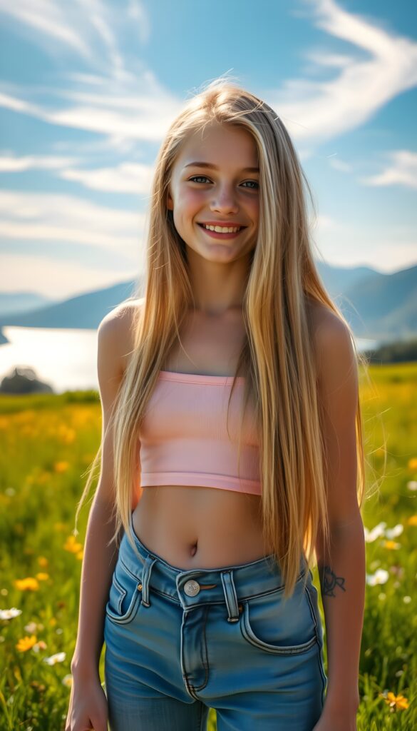 A fantastical young girl with long, sun-kissed blonde hair stands in a vibrant, lush green meadow. The sky is a brilliant blue with wispy clouds, and rays of golden sunlight dapple the landscape. She wears a short, light pink cropped tank top and blue denim jeans pants. Her hair is straight and falls down like a waterfall as she smiles radiantly. In the background, a deep blue lake sparkles under the sun, with a majestic mountain range in the distance. The scene is enhanced with a magical, ethereal glow, creating a dreamy and enchanting atmosphere. She shows her round small belly button.