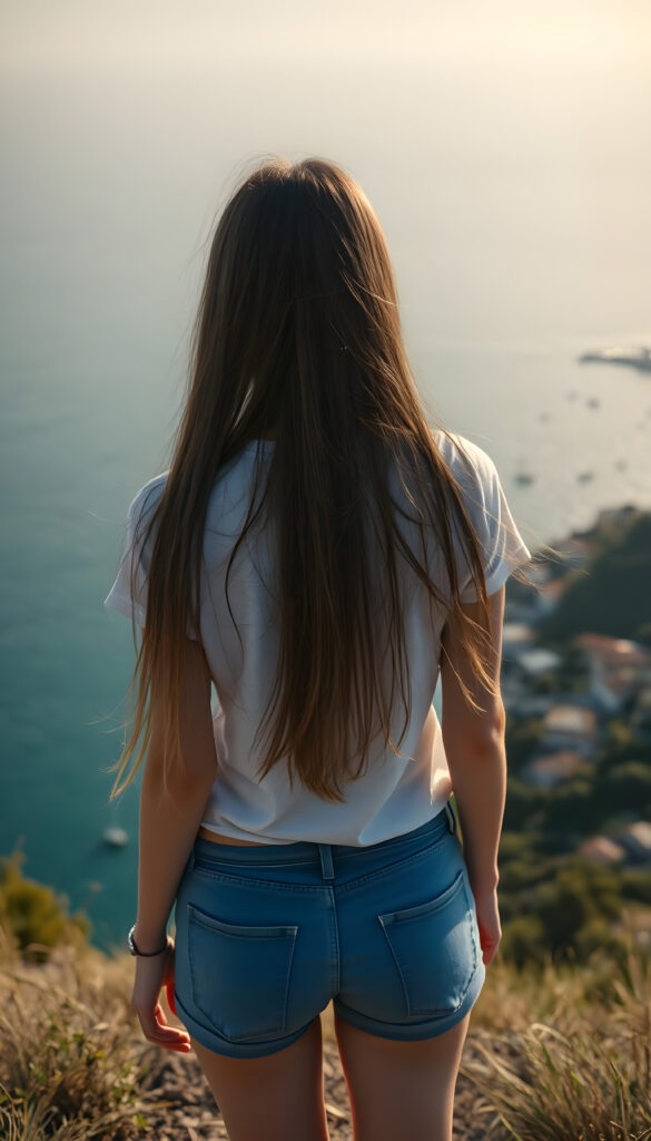 A fascinating girl stands high up on a hill overlooking a beautiful coastal town. Long, soft hair falls down her back. She wears a simple T-shirt with short blue pants.