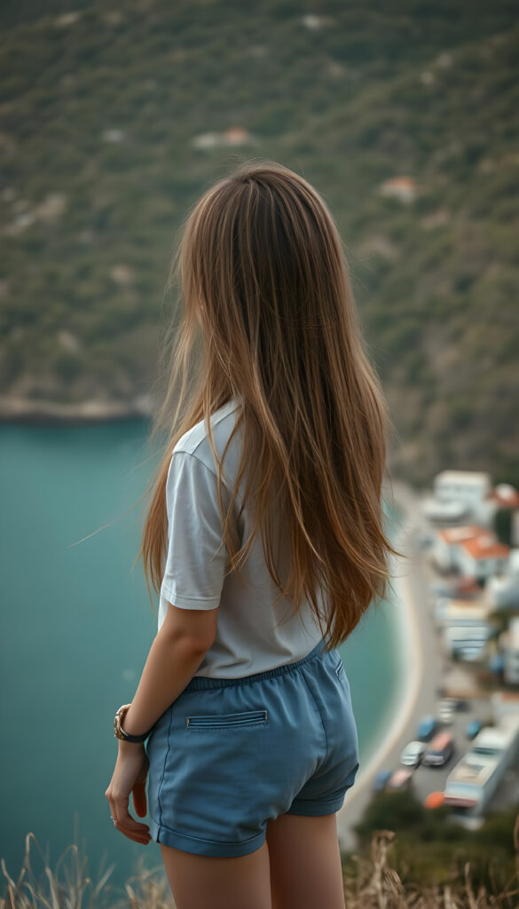 A fascinating girl stands high up on a hill overlooking a beautiful coastal town. Long, soft hair falls down her back. She wears a simple T-shirt with short blue pants.