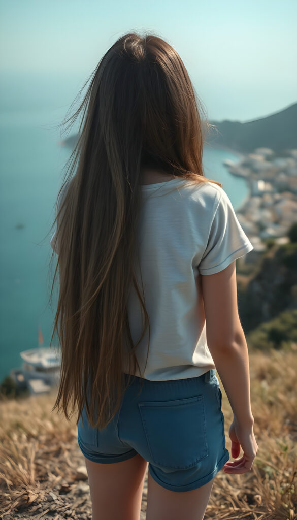 A fascinating girl stands high up on a hill overlooking a beautiful coastal town. Long, soft hair falls down her back. She wears a simple T-shirt with short blue pants.