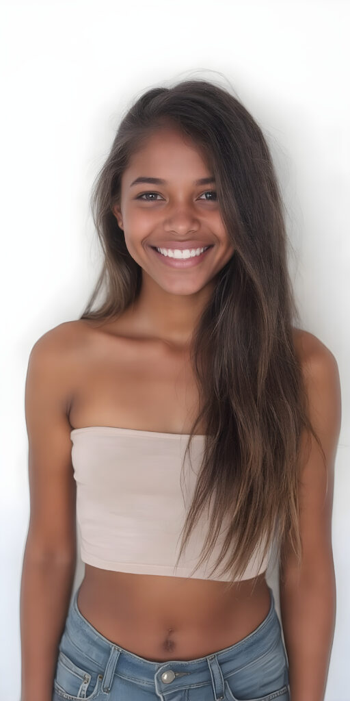 A (((full body portrait))), with intricate details, capturing a (((beautiful young Exotic teen girl))) standing confidently in front of a (plain white wall), looking directly at the viewer. Her attire is a very short ((cotton crop top)), with the sleeves cut off, and she wears a tight ((short denim jean shorts)). Her (skin is brown), with a (moderately imperfect complexion) that exudes an air of youthful confidence. Her (long, thick brown hair) cascades down her back in a (soft, gentle cascade). She's (smiling happily)), with (perfect, naturally white teeth) that exude an air of youthful vibrancy. Captured in a (very high resolution, 8K photograph) that exudes an (extremely fine detail) on her face and throughout the scene