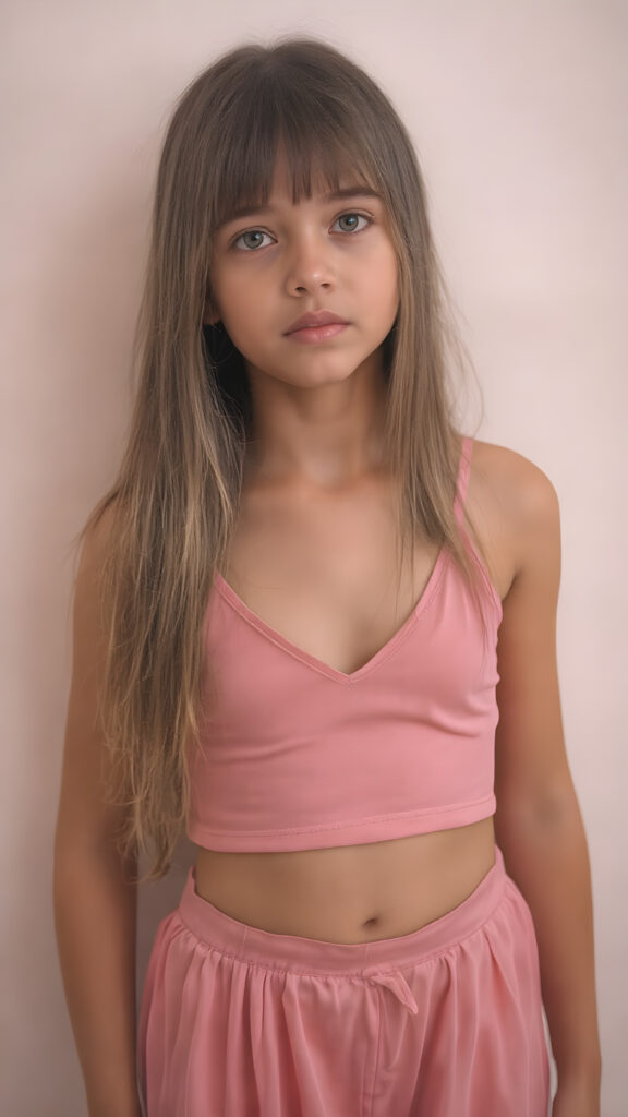 A (((full body shot))) of a (((super sweet and adorable girl))) with long, ((straight silk-smooth hair)) in a (deep v-neck) pink crop top, and (tapered, flowing silky pants) that convey a sense of (softness and elegance). Her complexion is (light brown), with (palely beautiful skin) that exudes a (healthy glow). Her expression is one of pure (cuteness) and she stands in a (softly backlit) position, facing the viewer with a (flawlessly smooth and detailed texture) that gives off a (fantastical, surrealistic atmosphere) reminiscent of a (fine art photograph)