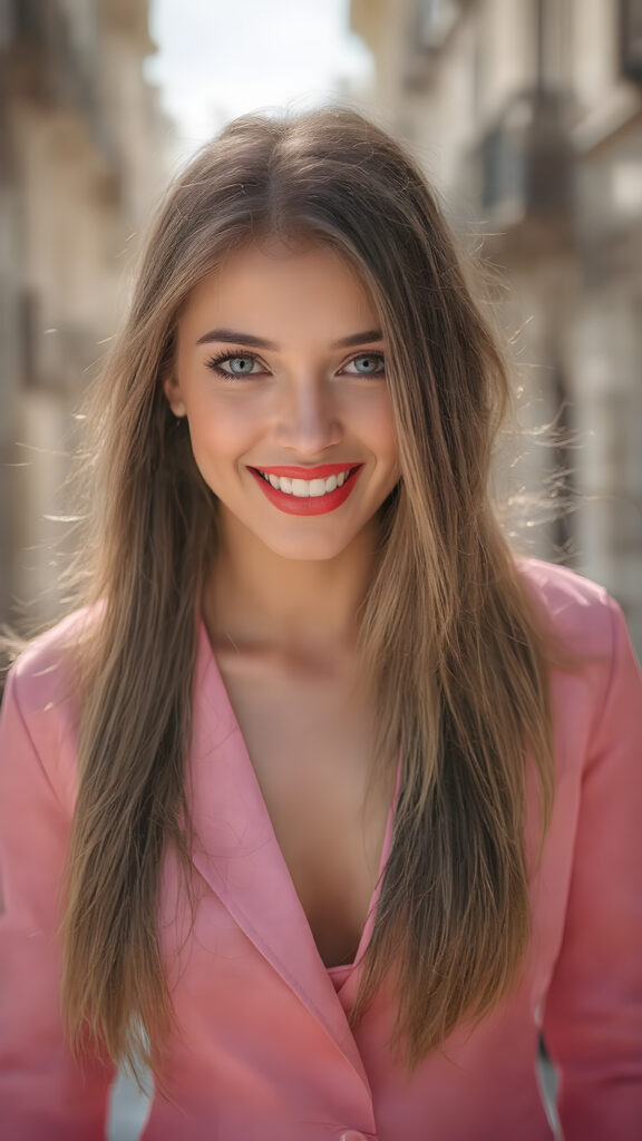 A (((full body shot))) of a (((beautiful girl))), with luxuriously flowing (((very long, straight light brown hair))), (intricate details around her eyes) that capture the light in a (dazzlingly bright and inviting glow), dressed in a ((modern, seductive pink silk blazer)), (highly detailed, seductive poses) that convey a sense of (fantasy sophistication). Her smile is wide and seductive, with perfectly (white teeth), and her lips are full and painted in (bright red lipstick). Her dress is made of (soft silk, in a luxurious round neckline and slit details) that give off a sense of (seduction). The backdrop is a beautiful, sunny street in Europe, where the architecture is ((intricate and elegant))