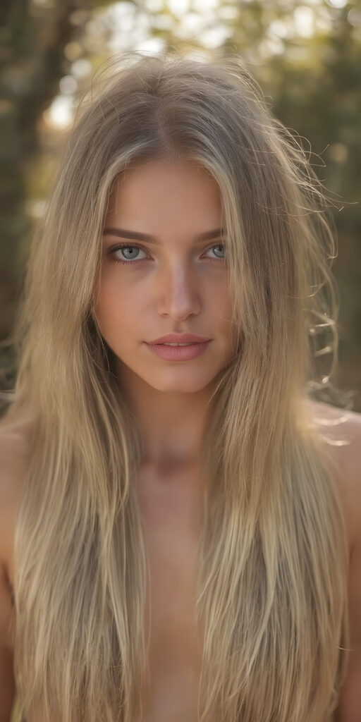 A (((full body image))) of a (((power girl))) with (((long, straight, thick, untucked natural white golden blonde hair))), framed by her (((natural skin))), which blends seamlessly into a (((softly detailed, intricate outdoor background))), capturing an (((8K resolution, ultra high definition image))), with a (((full color palette))), evoking a sense of (((hyperrealism))). The scene is highly detailed, with (((optical patterns and texture at the edge of her hair))) that mimic the look of natural light catching on her skin, giving off a glowing (((golden, warm glow))) that emphasizes her as an outdoor powerhouse