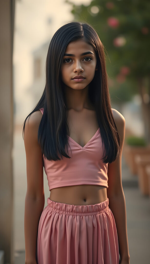 A (((full body shot))) of a (((super sweet and adorable adult petite Arab teen girl))) ((straight smooth obsidian black hair)) in a (deep v-neck) pink cropped tank top, and (tapered skirt) that convey a sense of (softness and elegance). Her complexion is (light brown), with (palely beautiful skin) that exudes a (healthy glow). She has a cute round belly button. Her expression is one of pure (cuteness) and she stands in a (softly backlit) position, facing the viewer with a (flawlessly smooth and detailed texture) that gives off a (fantastical, surrealistic atmosphere) reminiscent of a (fine art photograph)