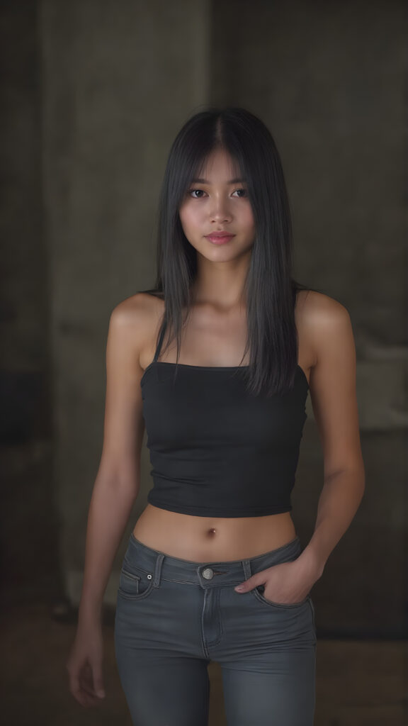 A (((full body shot))) of a (((beautiful Asian Vietnamese teenage girl))), a (((straight black soft hair model with exquisite features))), with brown eyes and (((a perfectly round face))) that exudes realism at an 8K resolution. Her (((upper body))), defined by a sleek, luxurious (((black suede tank top))), is proportioned flawlessly against her (((skin tight jeans and short, black high heels))), accentuating her (((perfectly proportioned figure))) with a (realistically detailed, dimly lit backdrop) that showcases her (((full body))) in a (highly detailed, hyper realistic) light