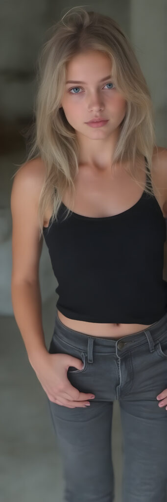 A (((full body image))) of a (((cute young babe))), age 18, with flowing (((long, white and blonde hair))), (((blue eyes))), and (((perfectly proportioned features))), dressed in a (((black thin tank top))), (((jeans pants))). The image captures her bare feet, showcasing her ((perfectly pedicured feet)). The soft, natural lighting accentuates her youthful beauty and the intricate details of her feet and legs.