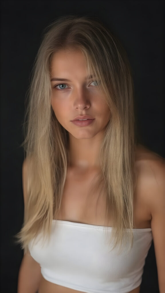 A (((full body view))), (((straight, long, thick, untucked natural white golden blonde hair))), which frames her ((slender, athletic, yet softly proportioned figure)), with a ((white off-the-shoulder crop top)) and ((realistic, detailed skin)), that complements her ((natural, warm tones)), and a ((black, empty backdrop)), in a ((cinematic warm tone) lighting) that highlights her face and hair, suggesting a (high-quality, professional lighting) on a (super-realistic, high-resolution set)