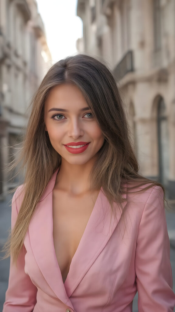 A (((full body shot))) of a (((beautiful girl))), with luxuriously flowing (((very long, straight light brown hair))), (intricate details around her eyes) that capture the light in a (dazzlingly bright and inviting glow), dressed in a ((modern, seductive pink silk blazer)), (highly detailed, seductive poses) that convey a sense of (fantasy sophistication). Her smile is wide and seductive, with perfectly (white teeth), and her lips are full and painted in (bright red lipstick). Her dress is made of (soft silk, in a luxurious round neckline and slit details) that give off a sense of (seduction). The backdrop is a beautiful, sunny street in Europe, where the architecture is ((intricate and elegant))