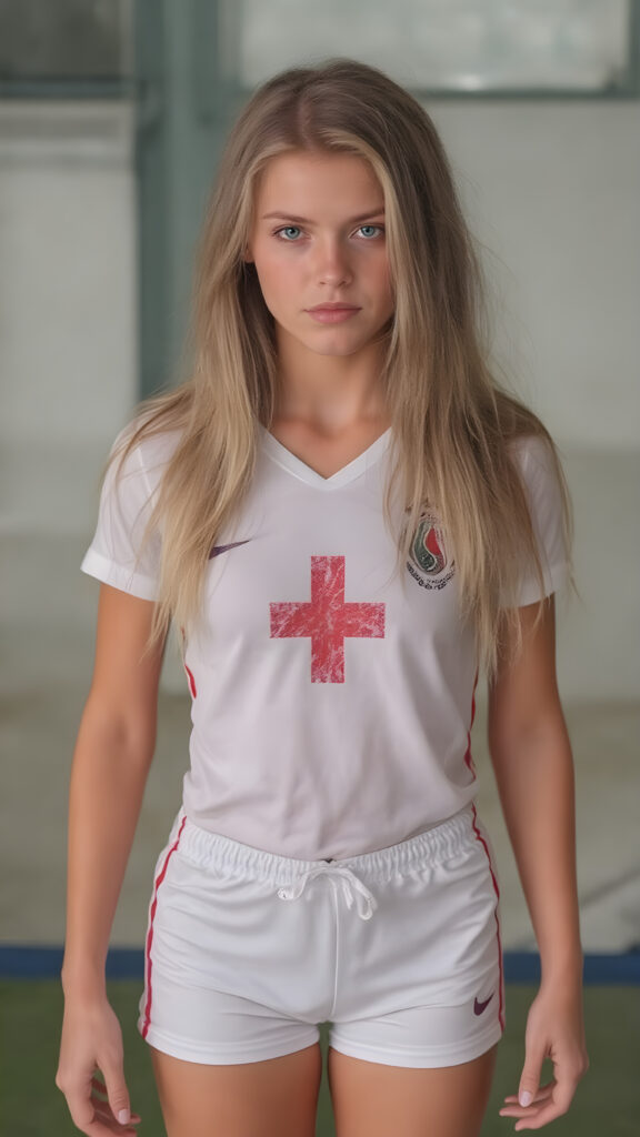 A (((full-body photograph))) featuring a (((young female soccer player))) with a ((skinny and athletic physique)), characterized by long, pointed blonde hair and (blue eyes) that convey a sense of intensity and focus on the ball, wearing a sleek, ((tight-fitting shorts)) in a classic (((red and white plus sign design))), paired with a matching ((white shirt)) with intricate ((soccer artwork)) in the center, and a distinctive (black and white stripe) down the front. The overall style is modern and stylish, reflecting the essence of an (soccer pro) with a playful yet focused expression