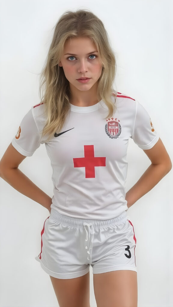 A (((full-body photograph))) featuring a (((young female soccer player))) with a ((skinny and athletic physique)), characterized by long, pointed blonde hair and (blue eyes) that convey a sense of intensity and focus on the ball, wearing a sleek, ((tight-fitting shorts)) in a classic (((red and white plus sign design))), paired with a matching ((white shirt)) with intricate ((soccer artwork)) in the center, and a distinctive (black and white stripe) down the front. The overall style is modern and stylish, reflecting the essence of an (soccer pro) with a playful yet focused expression