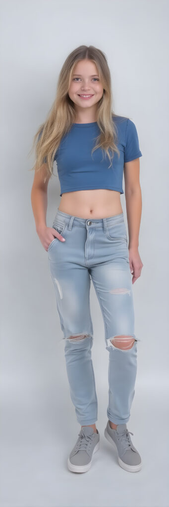 A (((full-body shot))) of a (((gorgeously cute))) young teen girl, with flowing, (((straight blonde hair))) and (((pale skin))), dressed in a (((blue, cropped top and matching, light blue and white torn denim jeans pants))), accessorizing with (((grey sport shoes))). She's posed confidently, with a warm smile directed at the viewer against a light grey plain backdrop