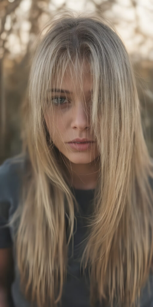 A (((full body image))) of a (((power girl))) with (((long, straight, thick, untucked natural white golden blonde hair))), framed by her (((natural skin))), which blends seamlessly into a (((softly detailed, intricate outdoor background))), capturing an (((8K resolution, ultra high definition image))), with a (((full color palette))), evoking a sense of (((hyperrealism))). The scene is highly detailed, with (((optical patterns and texture at the edge of her hair))) that mimic the look of natural light catching on her skin, giving off a glowing (((golden, warm glow))) that emphasizes her as an outdoor powerhouse