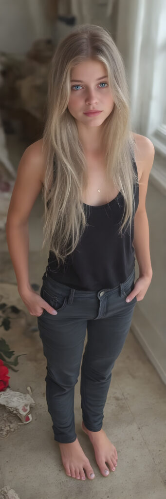 A (((full body image))) of a (((cute young babe))), age 18, with flowing (((long, white and blonde hair))), (((blue eyes))), and (((perfectly proportioned features))), dressed in a (((black thin tank top))), (((jeans pants))), and ((high heels)). The image captures her bare feet, showcasing her ((perfectly pedicured feet)). The soft, natural lighting accentuates her youthful beauty and the intricate details of her feet and legs.