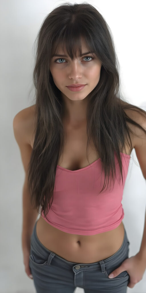 A (((full body image))) of a (((provocative dressed well busty teen girlie))), with (((long, flowing black hair))), (((blue eyes))), and (((perfectly proportioned features))), dressed in a (((pink thin tank top, deep v-neck))), (((short jeans pants))). The soft, natural lighting accentuates her youthful beauty and the intricate details of her feet and legs, stands in front of the viewer, white backdrop