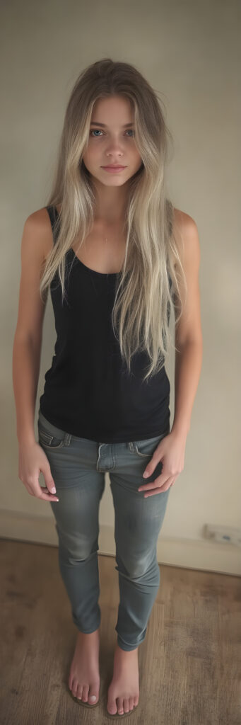 A (((full body image))) of a (((cute young babe))), age 18, with flowing (((long, white and blonde hair))), (((blue eyes))), and (((perfectly proportioned features))), dressed in a (((black thin tank top))), (((jeans pants))). The image captures her bare feet, showcasing her ((perfectly pedicured feet)). The soft, natural lighting accentuates her youthful beauty and the intricate details of her feet and legs.