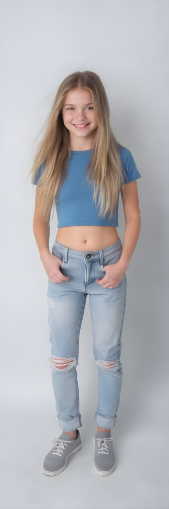 A (((full-body shot))) of a (((gorgeously cute))) young teen girl, with flowing, (((straight blonde hair))) and (((pale skin))), dressed in a (((blue, cropped top and matching, light blue and white torn denim jeans pants))), accessorizing with (((grey sport shoes))). She's posed confidently, with a warm smile directed at the viewer against a light grey plain backdrop