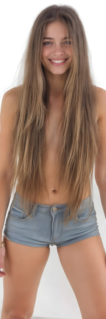 A (((full body shot))) of a (((vividly gorgeous young girl))), age 18, with (((strong, thick, natural legs))) that command attention due to their incredible strength and natural tone, paired with (((straight soft long hair))) that cascades down and covers the front of her body like a natural blanket. She's dressed in an ((extremely short jeans pants)) that perfectly complements her toned, natural physique, highlighting her advanced physical and emotional health. Her smile radiates warmth and confidence, perfectly accentuating her advanced beauty and natural charm