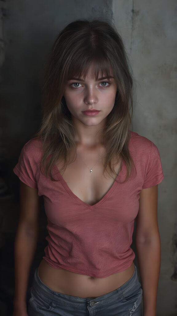 A (((full body view))) of a (((petite teen girl))), with a (((thin, yet shapely figure))), dressed in a ((short, tight, thin, V-neck cotton tee)) and ((tattered shorts)), standing in a (dimly lit space) where her seductive gaze meets the viewer's eye, exuding a sense of (extreme realism). Her focus on the viewer's face captures the essence of a perfect female body, with intricate details that make her look truly breathtaking