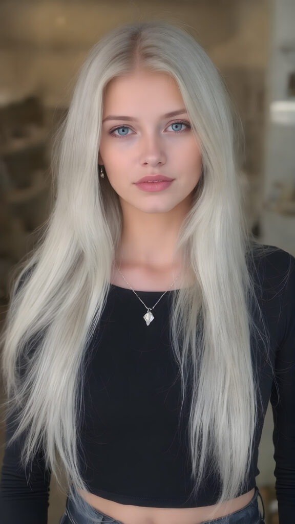 A (((full body))) (((beautiful young girl))), with flowing, ((very long)), white hair and (pale, white skin), that exudes an air of youthful beauty. Her face is (heart shaped) with (large, symmetrically placed eyes) and (smooth, soft skin). She's dressed in a (((tight, sleek black top))), paired with (skintight, form-fitting jeans) and accessorised with a (thin, (diamond-shaped) necklace and matching, elegant earrings). Her posture is (stunningly beautiful), with a (perfect, toned body) that exudes an air of irresistible allure