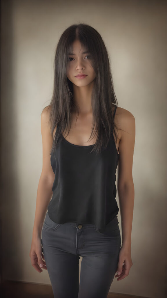 A (((full body shot))) of a (((beautiful Asian Vietnamese teenage girl))), a (((straight black soft hair model with exquisite features))), with brown eyes and (((a perfectly round face))) that exudes realism at an 8K resolution. Her (((upper body))), defined by a sleek, luxurious (((black suede tank top))), is proportioned flawlessly against her (((skin tight jeans and short, black high heels))), accentuating her (((perfectly proportioned figure))) with a (realistically detailed, dimly lit backdrop) that showcases her (((full body))) in a (highly detailed, hyper realistic) light