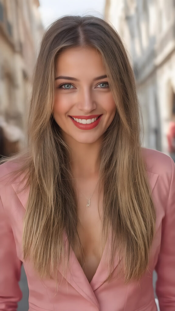 A (((full body shot))) of a (((beautiful girl))), with luxuriously flowing (((very long, straight light brown hair))), (intricate details around her eyes) that capture the light in a (dazzlingly bright and inviting glow), dressed in a ((modern, seductive pink silk blazer)), (highly detailed, seductive poses) that convey a sense of (fantasy sophistication). Her smile is wide and seductive, with perfectly (white teeth), and her lips are full and painted in (bright red lipstick). Her dress is made of (soft silk, in a luxurious round neckline and slit details) that give off a sense of (seduction). The backdrop is a beautiful, sunny street in Europe, where the architecture is ((intricate and elegant))
