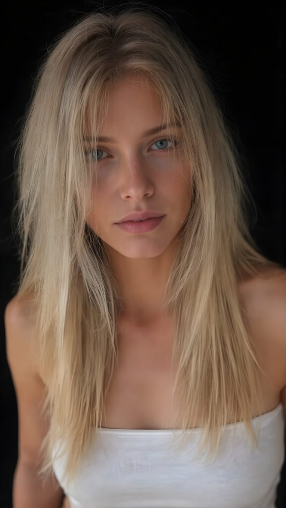 A (((full body view))), (((straight, long, thick, untucked natural white golden blonde hair))), which frames her ((slender, athletic, yet softly proportioned figure)), with a ((white off-the-shoulder crop top)) and ((realistic, detailed skin)), that complements her ((natural, warm tones)), and a ((black, empty backdrop)), in a ((cinematic warm tone) lighting) that highlights her face and hair, suggesting a (high-quality, professional lighting) on a (super-realistic, high-resolution set)