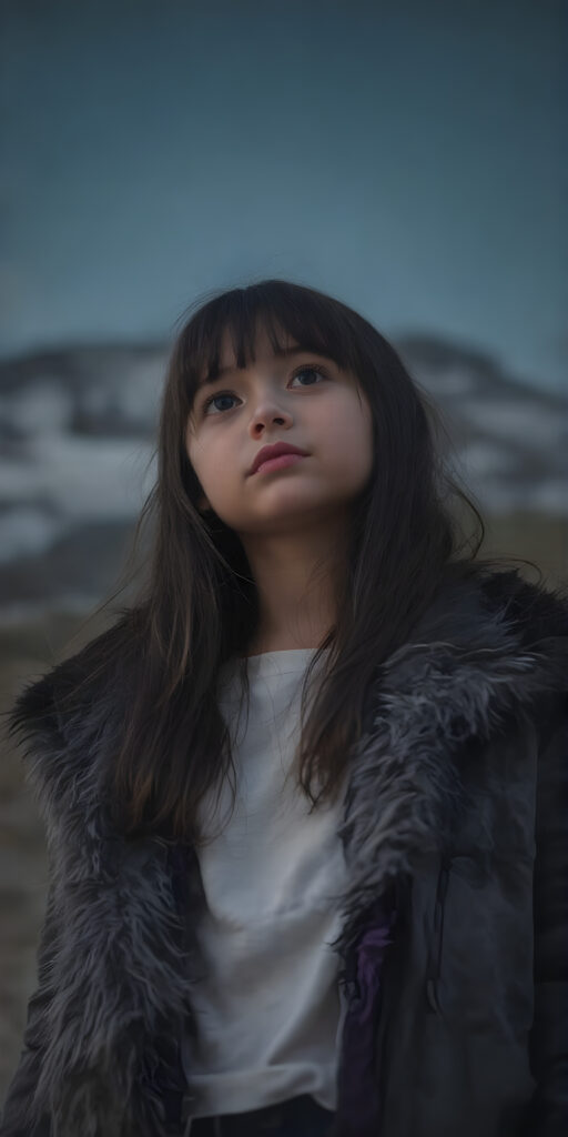 A (((full body shot))) of a beautiful young girl, wearing a sleek ((jacket)) that's open at the top, revealing a ((white t-shirt)) underneath it. The jacket is made of soft, fluffy ((black fur)) with a thin, ((brown leather trim)) and ((purple suede)) accents. She has ((long, straight soft black hair)) that reaches just past her shoulders. The girl is ((looking up at the camera)) in a softly (dusk-filled) mountain setting, with ((the stars just appearing to twinkle)) in the sky above her