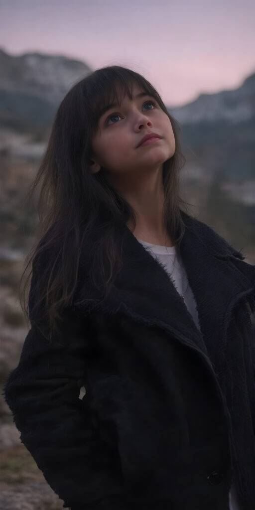 A (((full body shot))) of a beautiful young girl, wearing a sleek ((jacket)) that's open at the top, revealing a ((white t-shirt)) underneath it. The jacket is made of soft, fluffy ((black fur)) with a thin, ((brown leather trim)) and ((purple suede)) accents. She has ((long, straight soft black hair)) that reaches just past her shoulders. The girl is ((looking up at the camera)) in a softly (dusk-filled) mountain setting, with ((the stars just appearing to twinkle)) in the sky above her