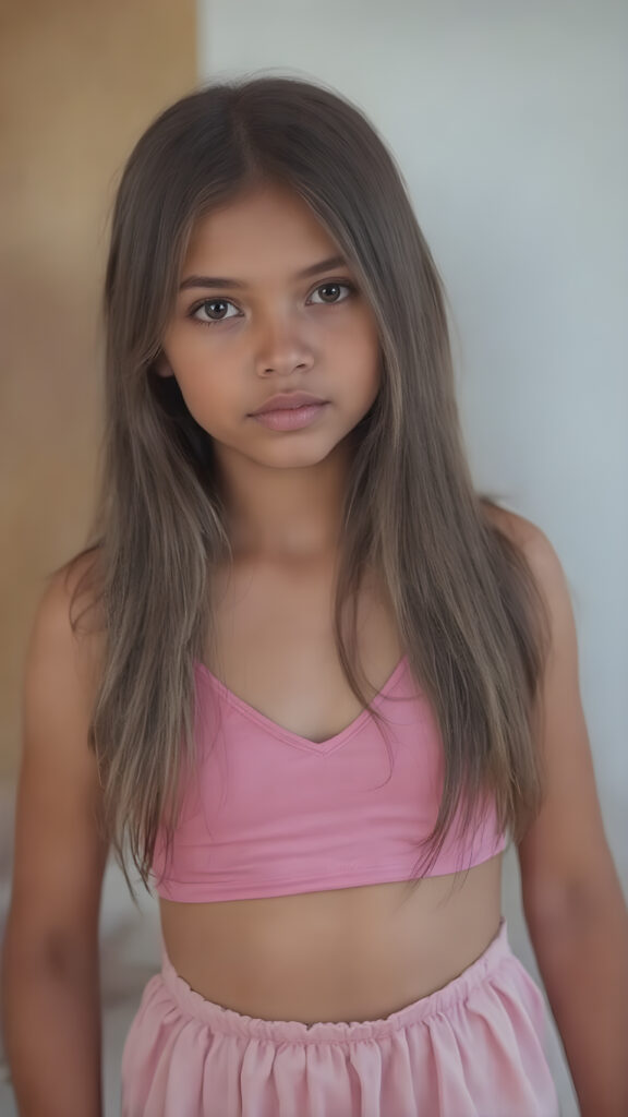 A (((full body shot))) of a (((super sweet and adorable girl))) with long, ((straight silk-smooth hair)) in a (deep v-neck) pink crop top, and (tapered, flowing silky pants) that convey a sense of (softness and elegance). Her complexion is (light brown), with (palely beautiful skin) that exudes a (healthy glow). Her expression is one of pure (cuteness) and she stands in a (softly backlit) position, facing the viewer with a (flawlessly smooth and detailed texture) that gives off a (fantastical, surrealistic atmosphere) reminiscent of a (fine art photograph)